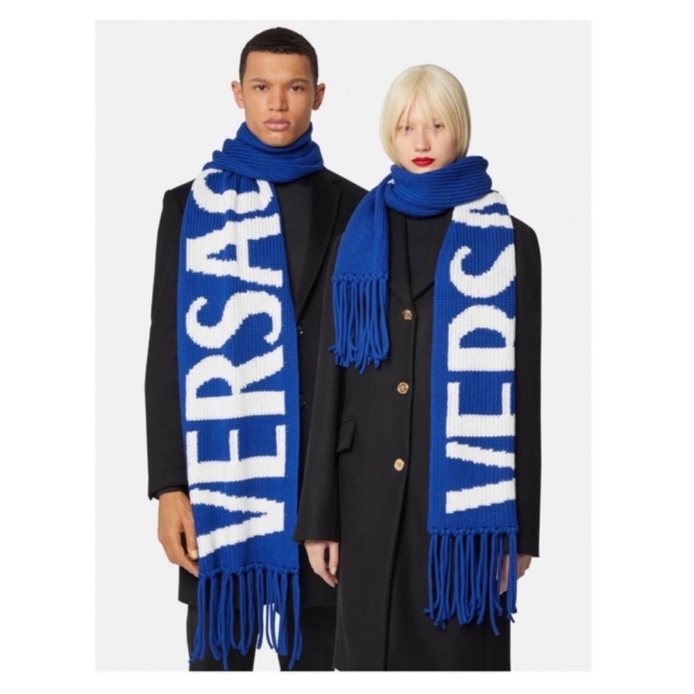 New! VERSACE Logo Intarsia Knit Fringe Oversized Unisex Wool Scarf in Royal Blue